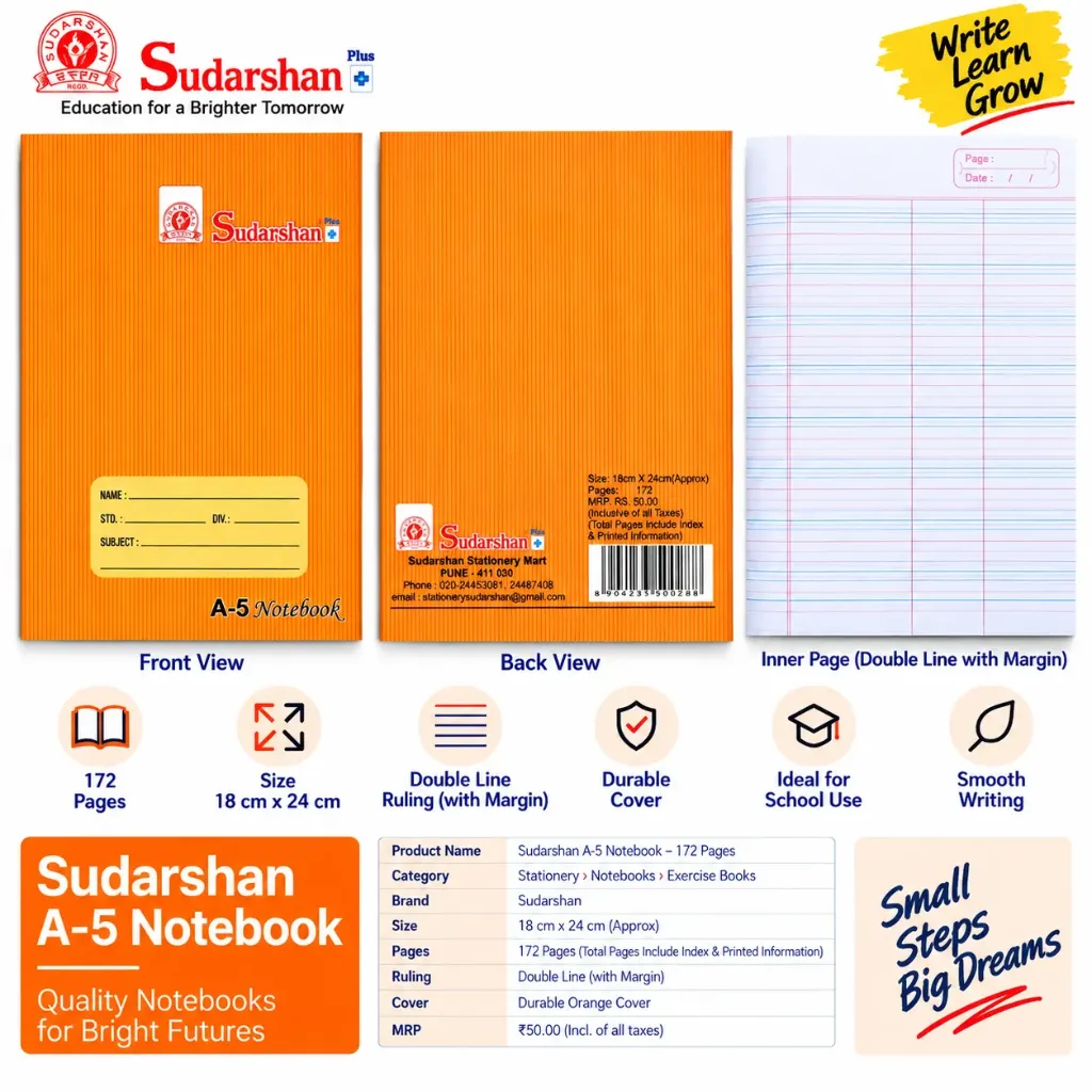 Sudarshan A-5 Notebook – 172 Pages, Double Line with Margin
