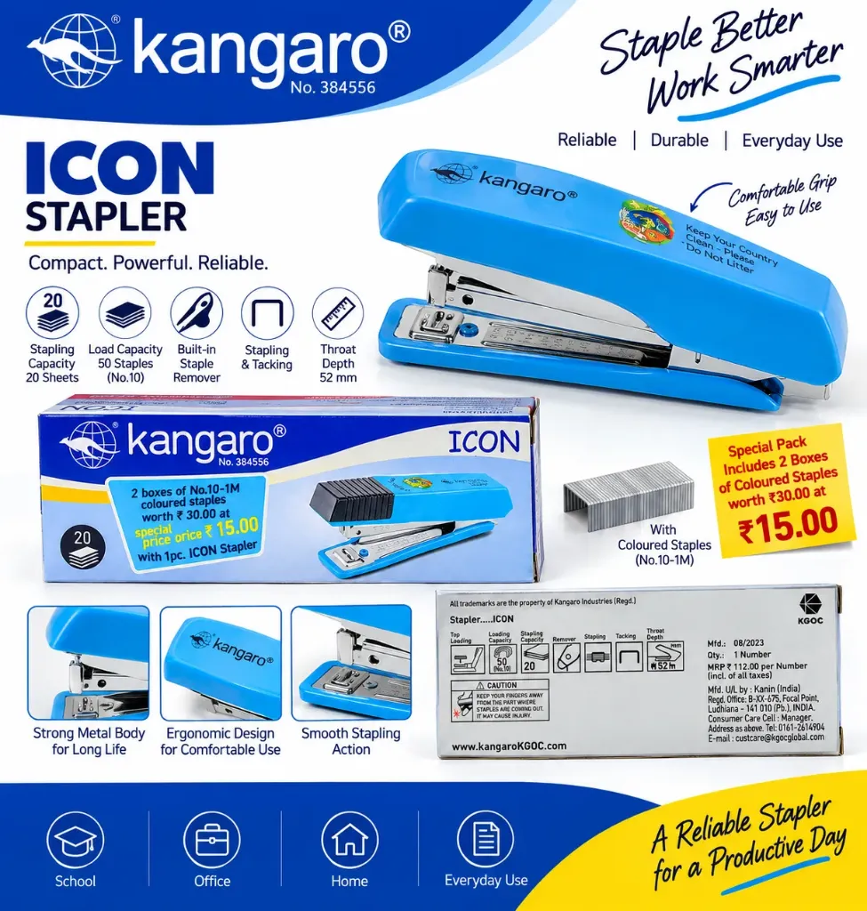 Kangaro ICON Stapler – 20 Sheet Capacity with Coloured Staples