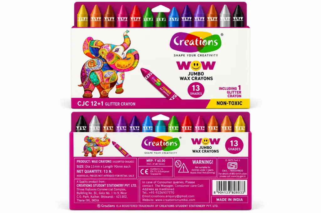 Creations WOW Jumbo Wax Crayons – 13 Shades (12 + 1 Glitter)