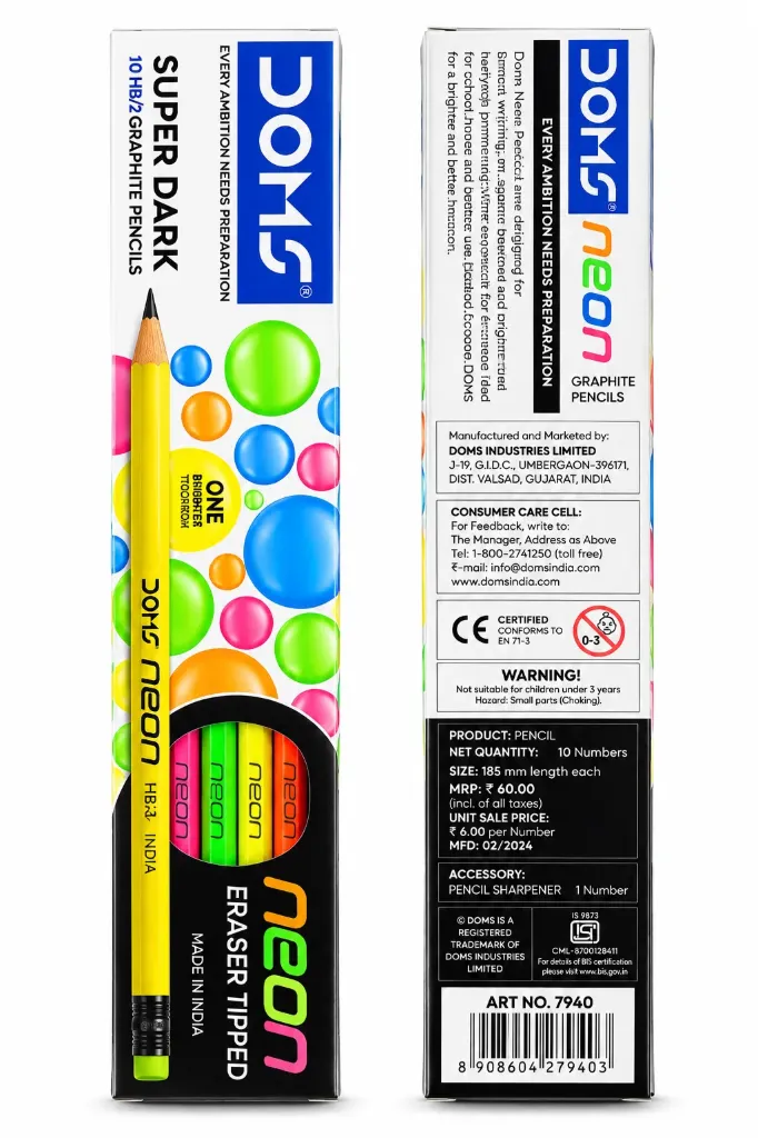 DOMS Neon Super Dark HB/2 Graphite Pencils – 10 Pencils with Eraser Tips