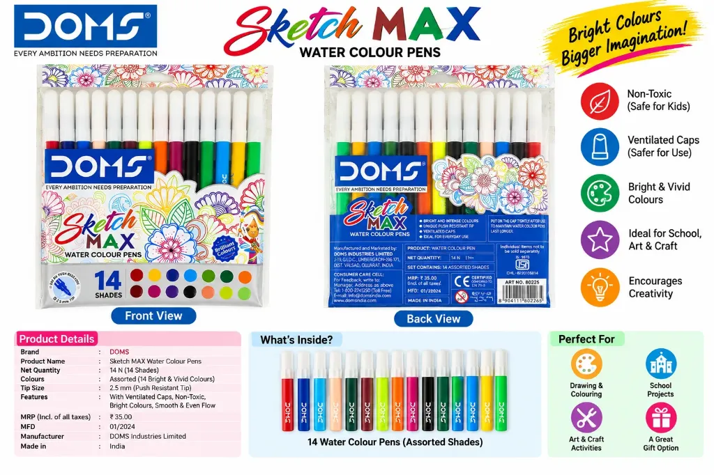 DOMS Sketch Max Water Colour Pens – 14 Shades