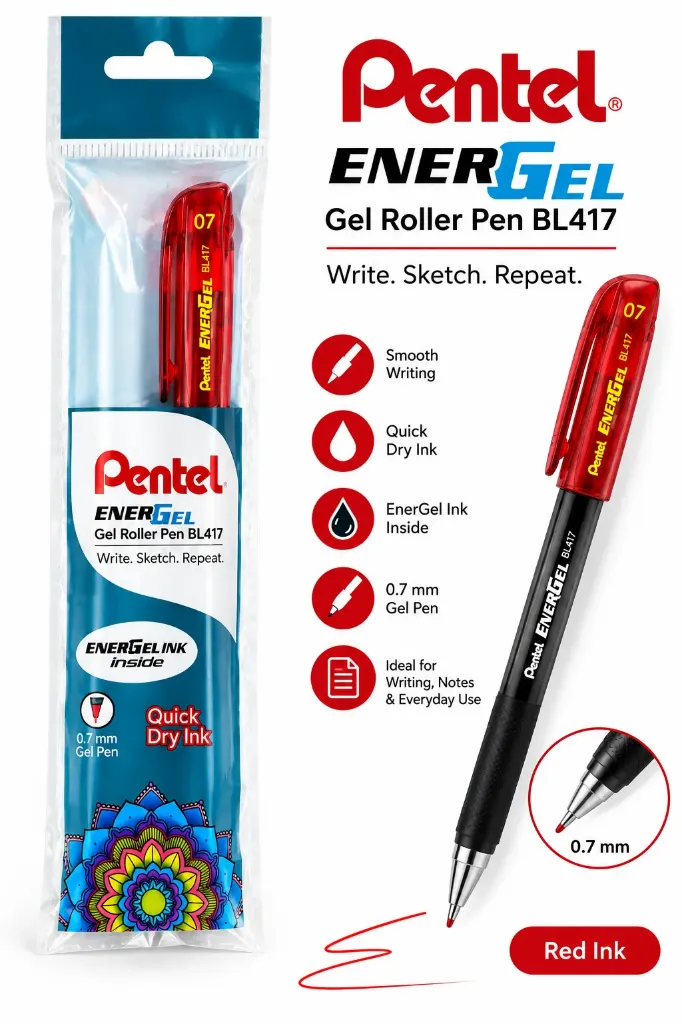 Pentel EnerGel BL417 0.7 mm Gel Roller Pen – Red Ink